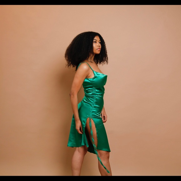 Emerald Satin Mini Dress |Adjustable Straps/Slit Detail/Holiday Party–Size S M L - Picture 12 of 13